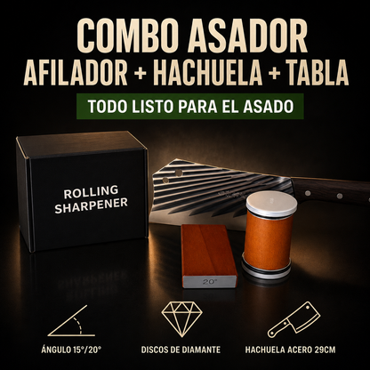 Combo Asador - Afilador + Hachuela + Tabla